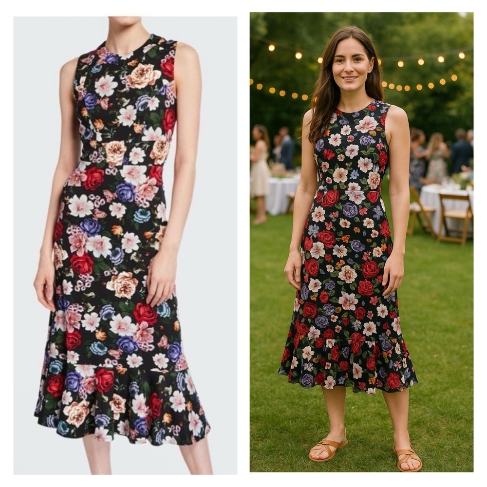 ERDEM Floria Black Silk Floral Midi Dress Sleeveless Wedding US 4 Multicolor NWY